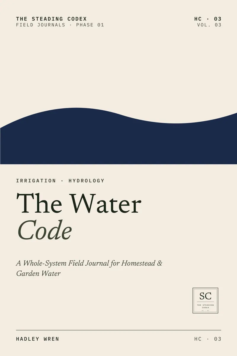 The Water Code — A Whole-System Field Journal for Homestead & Garden Water. Front cover, The Steading Codex HC-03.