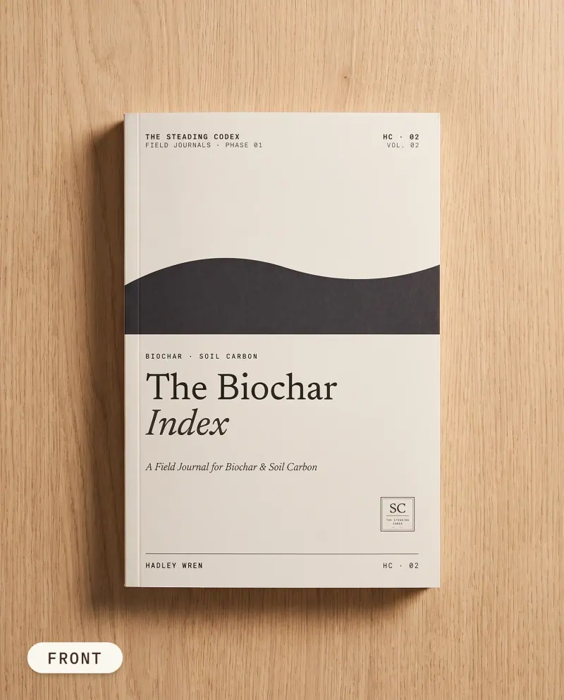 The Biochar Index biochar journal — front cover on an oak table