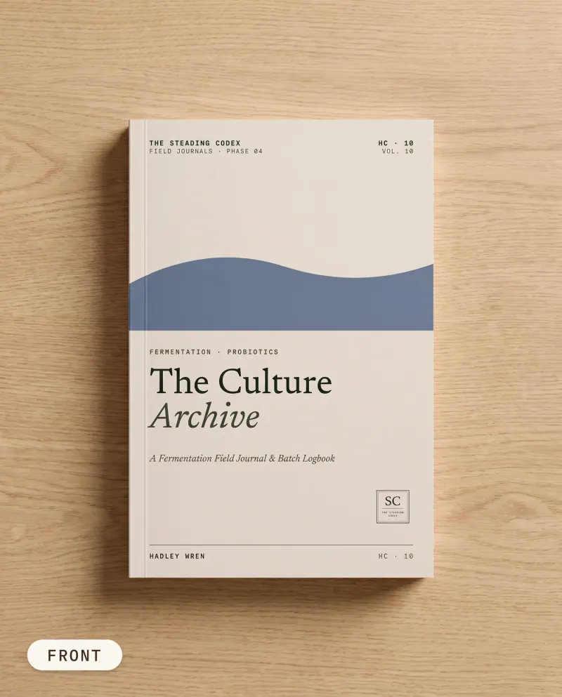 The Culture Archive fermentation journal — front cover on an oak table