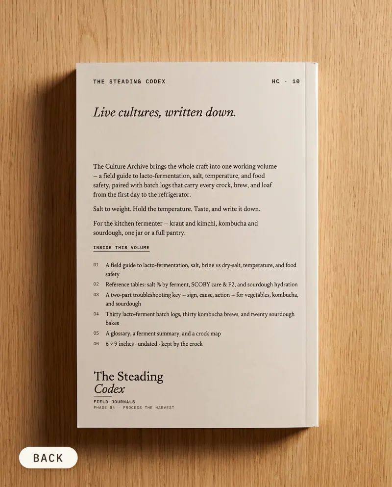 The Culture Archive fermentation journal — back cover on an oak table