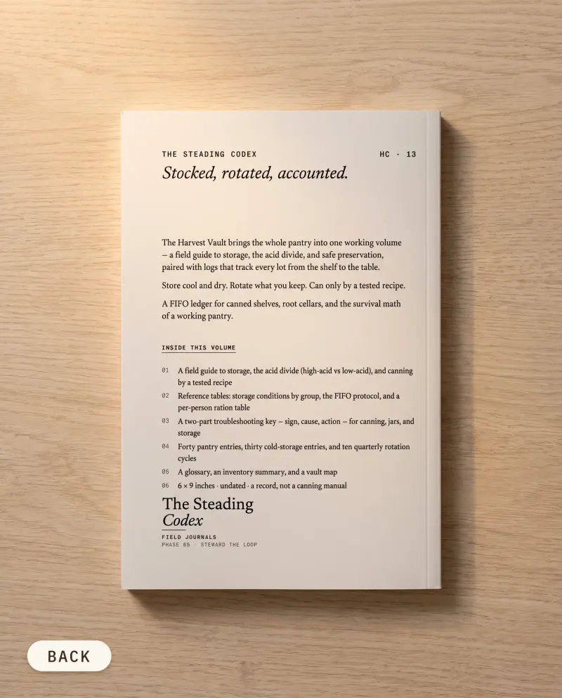 The Harvest Vault pantry and food storage journal — back cover on an oak table