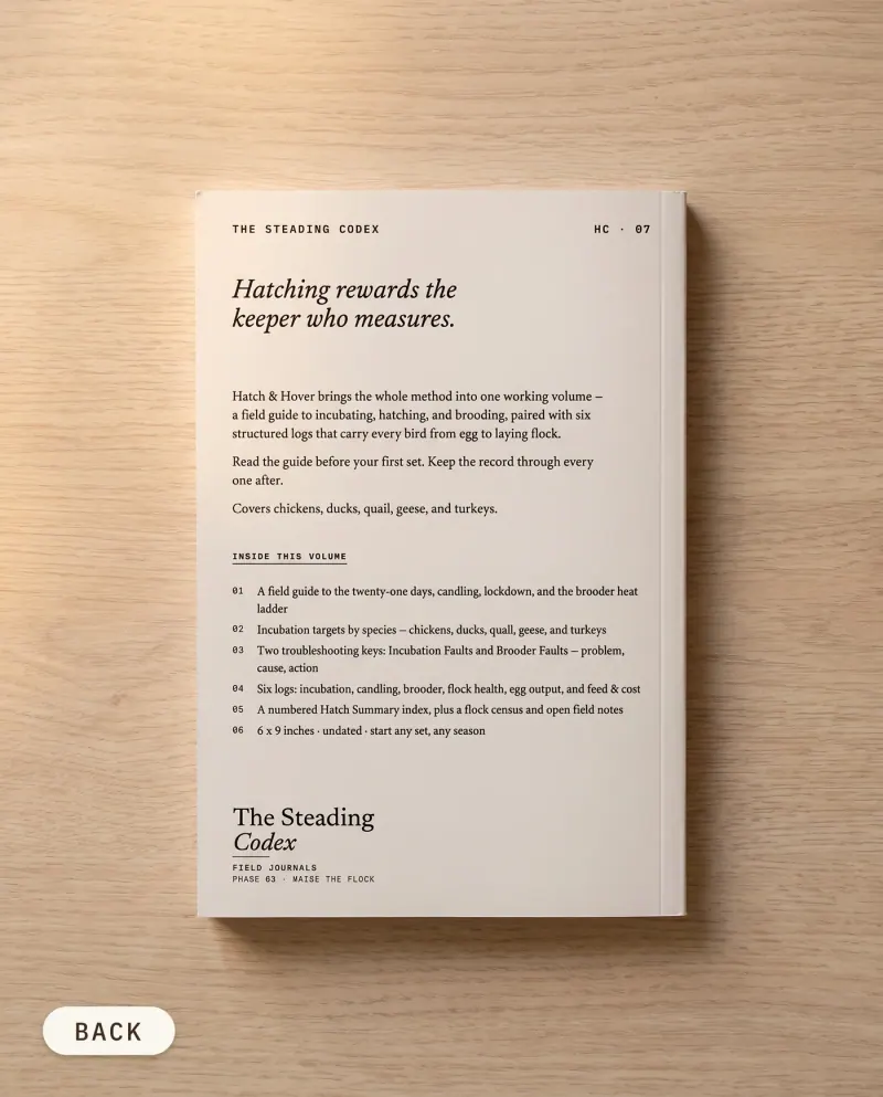 Hatch & Hover poultry hatching journal — back cover on an oak table