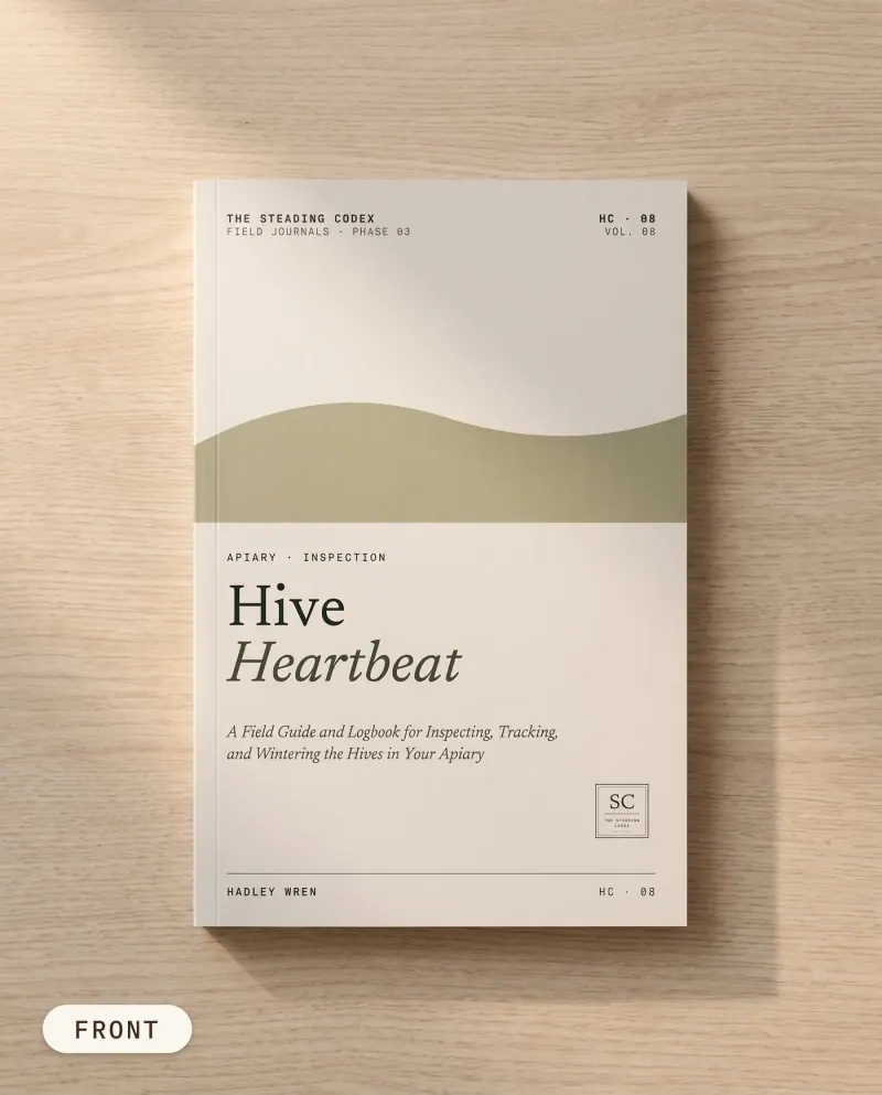 Hive Heartbeat beekeeping journal — front cover on an oak table
