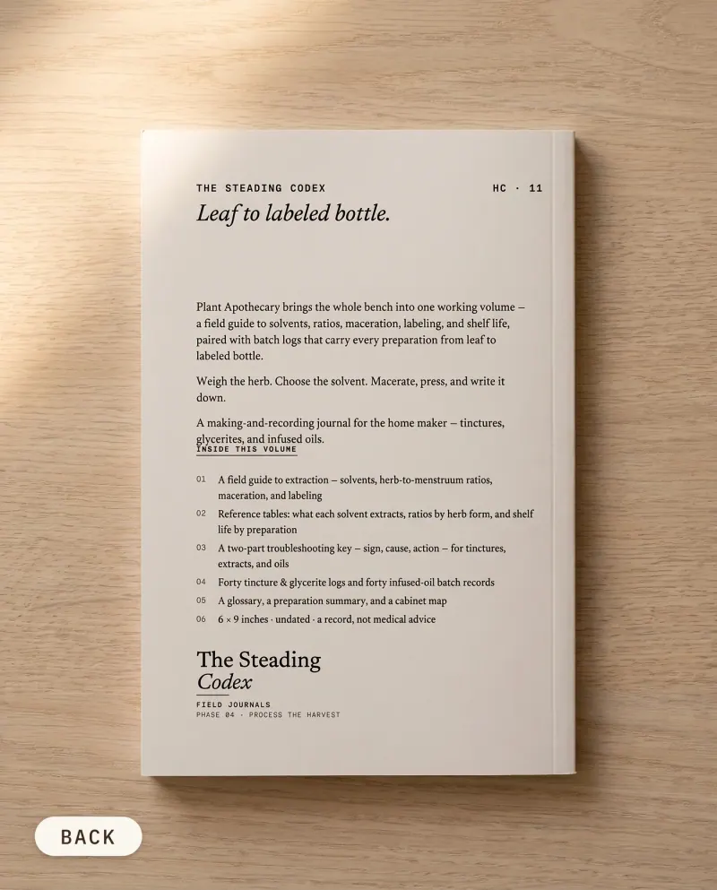 Plant Apothecary herbal preparation journal — back cover on an oak table