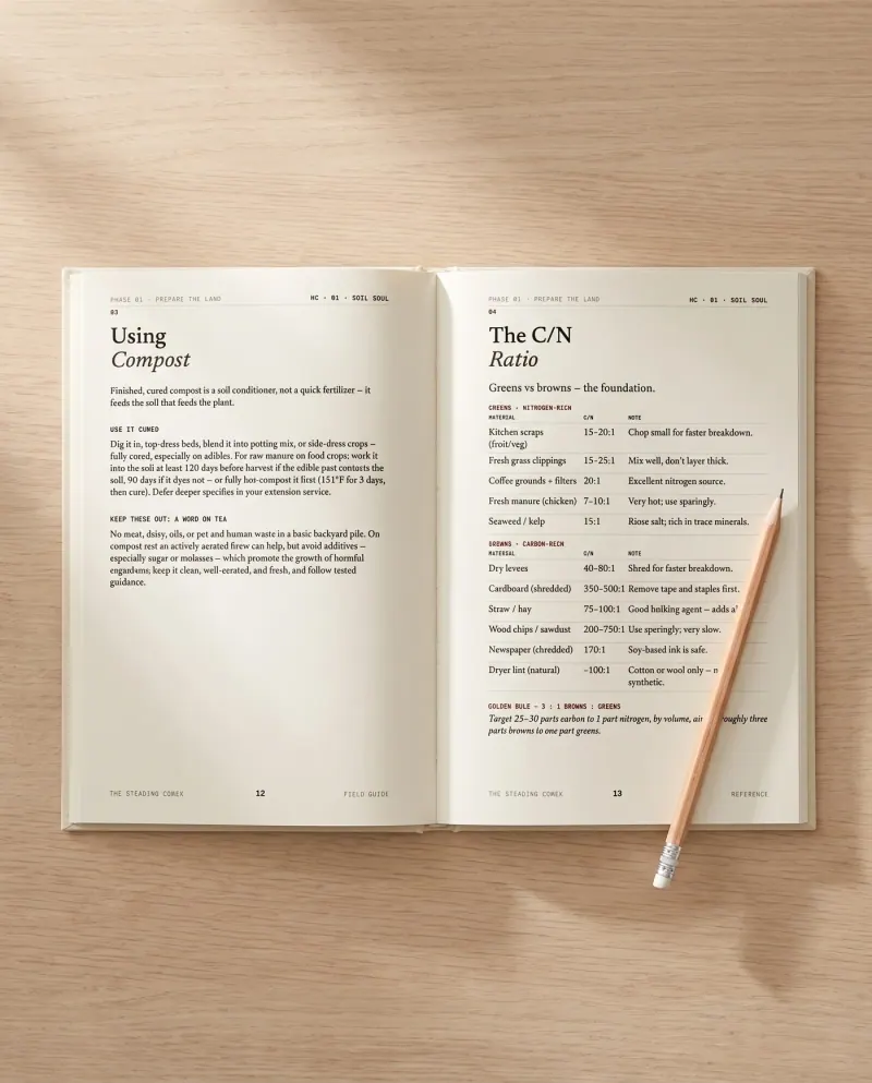 Soil Soul journal open to the carbon-to-nitrogen reference pages