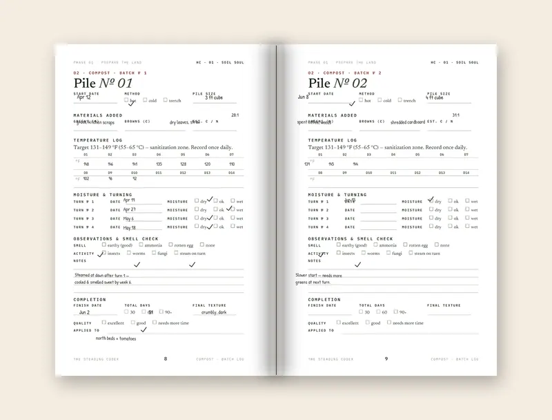 A Soil Soul log spread filled in by hand, in pencil