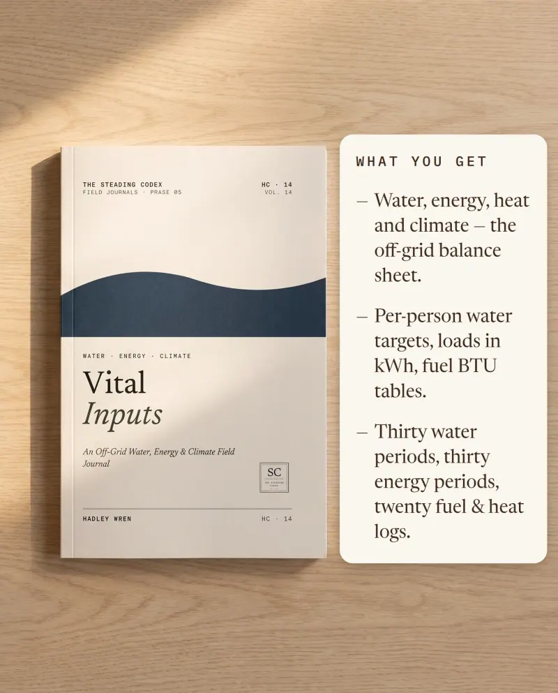 What you get — the off-grid balance sheet, water and kWh targets, eighty logs
