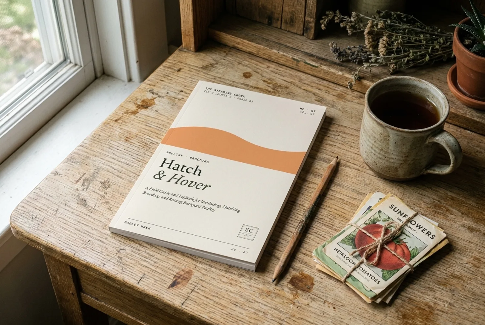A Steading Codex field journal resting closed on a maker's wooden desk by a window, with a pencil, vintage seed packets, and a mug of tea