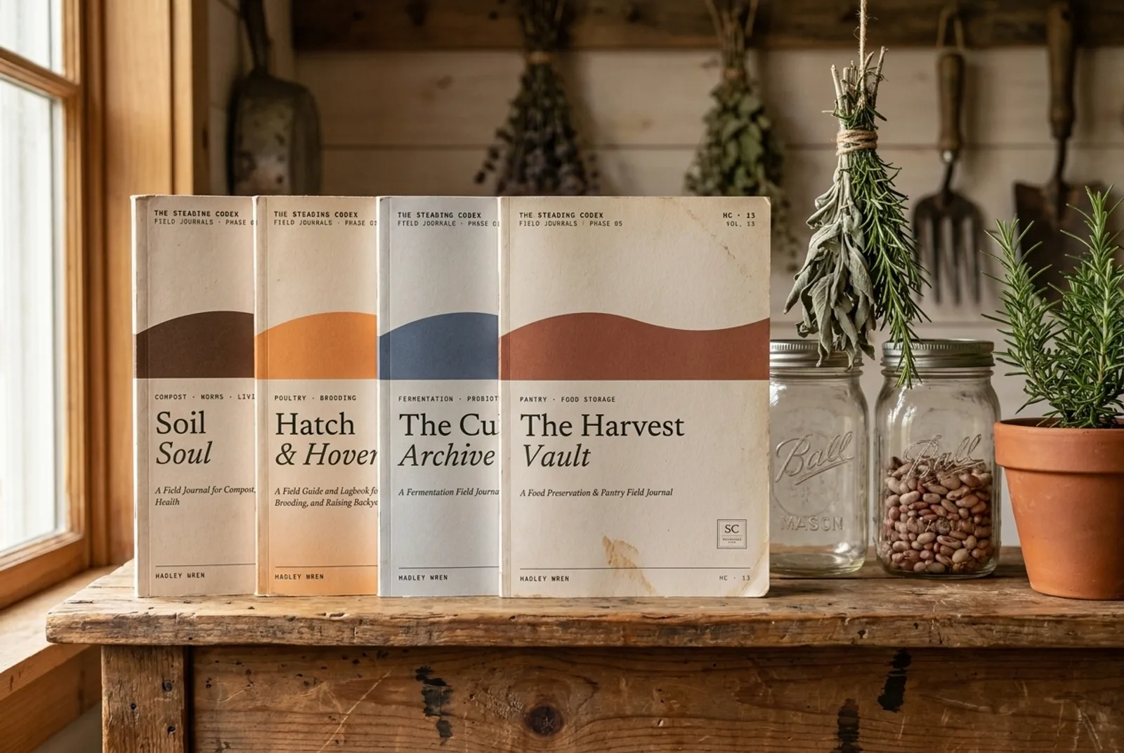 The Steading Codex field journals standing on a wooden shelf beside mason jars and dried herbs