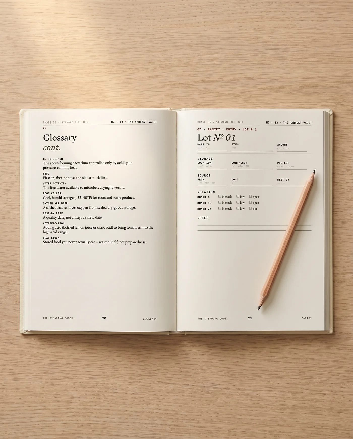 The Harvest Vault open to a pantry inventory log spread