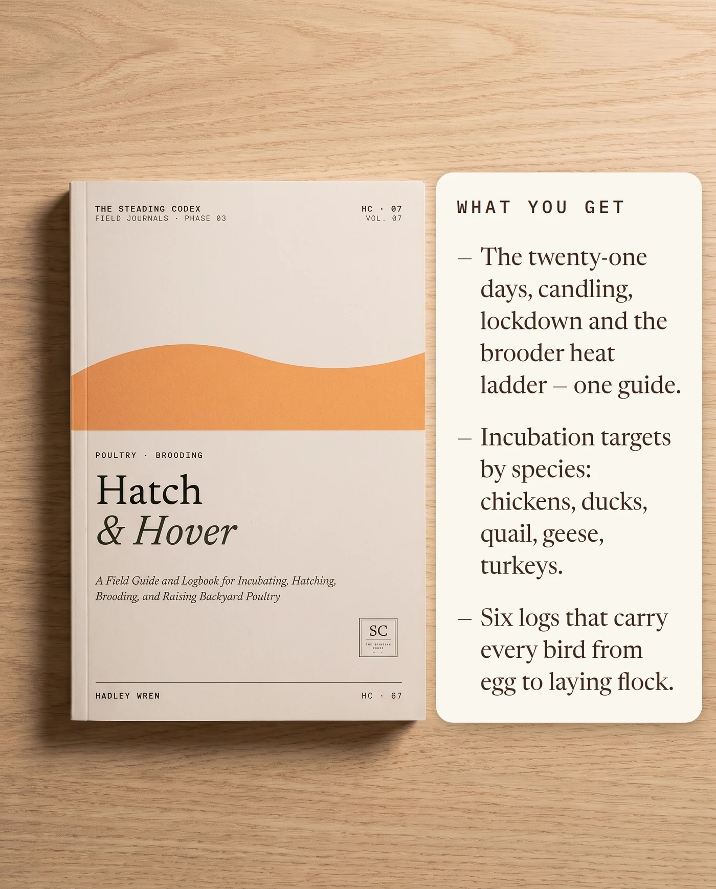 What you get — incubation and brooder guidance, species targets, six hatch logs