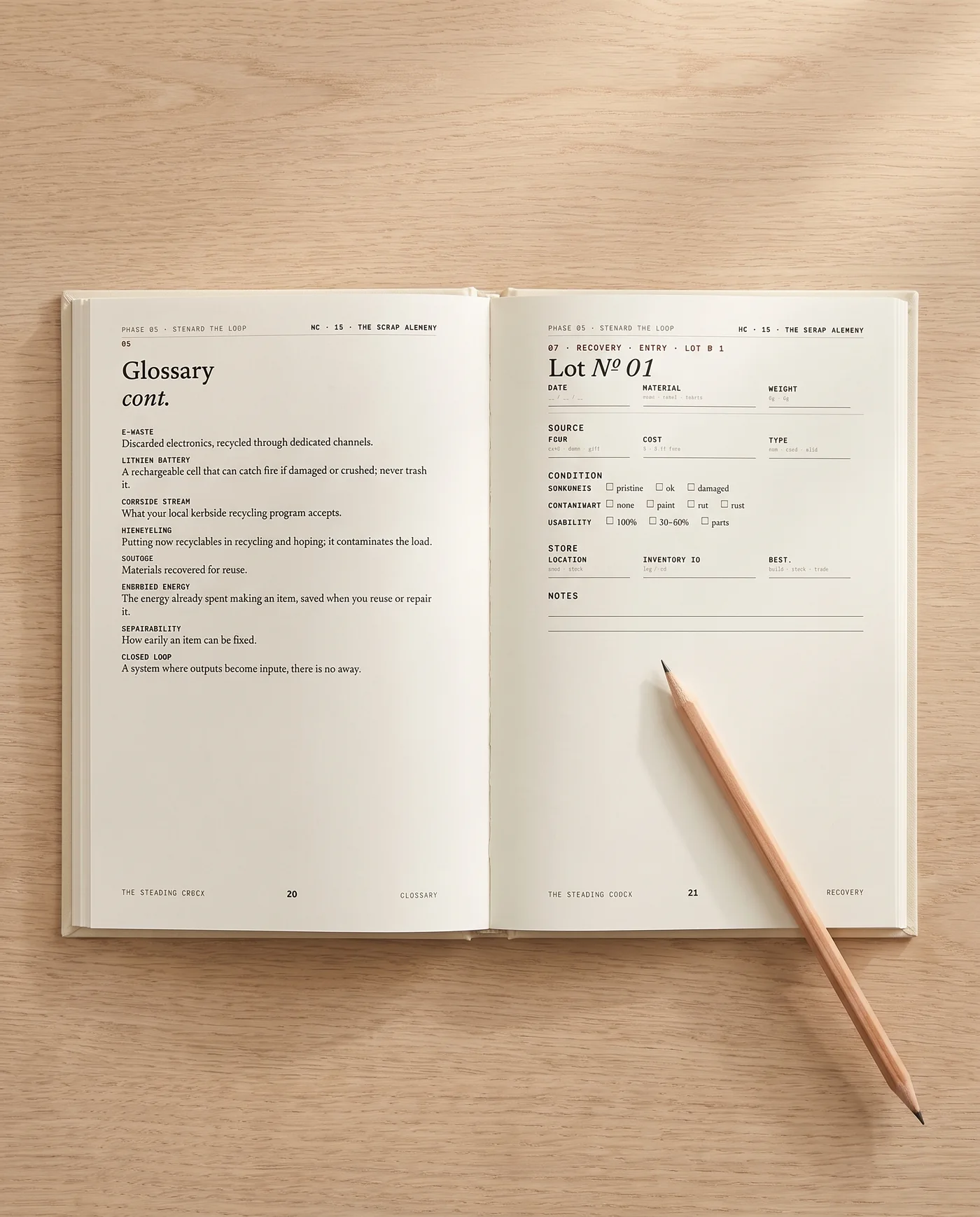 The Scrap Alchemy open to a material-recovery log spread
